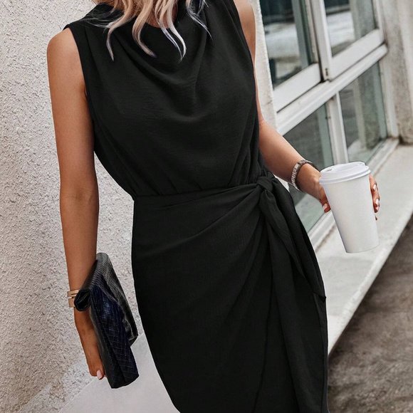 Black Preppy Womens Solid Knot Side Wrap Hem Dress - Picture 3 of 5
